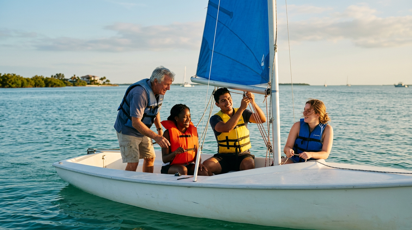 Community members learning to sail together on the Gulf Coast